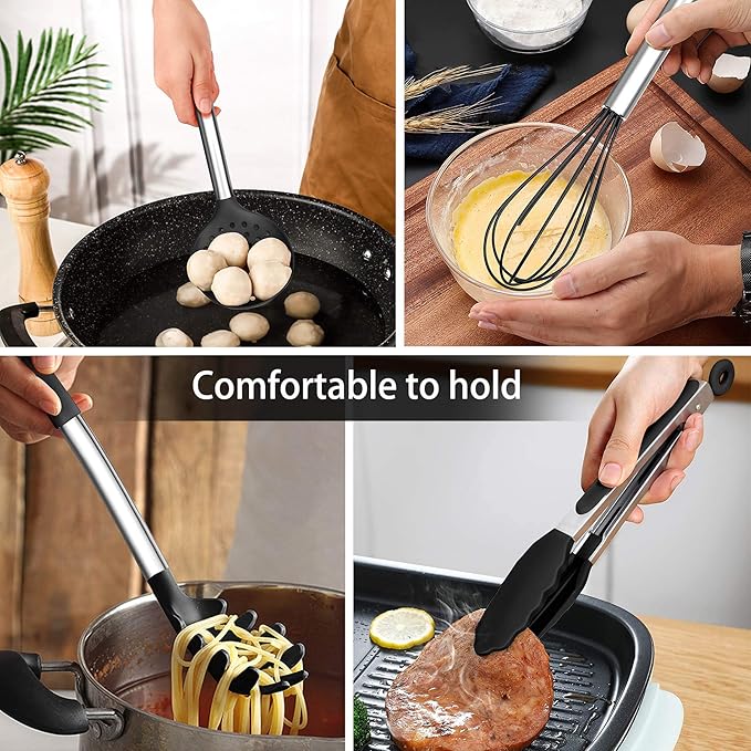 LIANYU 15-Piece Kitchen Cooking Utensils Set with Holder, Silicone Kitchen Tools Stainless Steel Handle, Slotted Spatula Spoon Turner Tong Whisk Brush for Cooking, Black