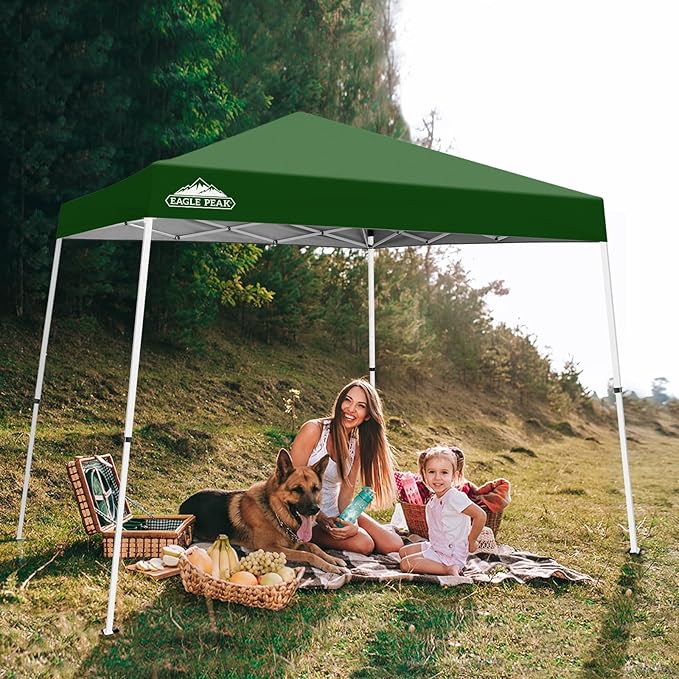 EAGLE PEAK 10x10 Slant Leg Pop-up Canopy Tent Easy One Person Setup Instant Outdoor Beach Canopy Folding Portable Sports Shelter 10x10 Base 8x8 Top (Green)