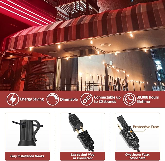Achin 100FT Outdoor String Lights LED Dimmable Patio Lights String Waterproof with 50+3 Shatterproof Bulbs ST38 Vintage String Lights for Outside Gazebo Bistro Lights, 2200K Warm White