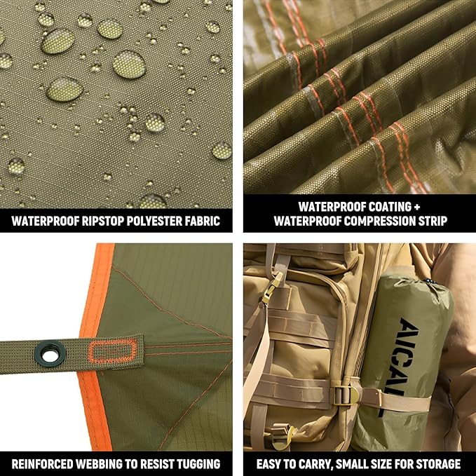 Waterproof Camping Tarp 10 x 10ft Survival Tent Backpacking Portable Tarp Multifunctional Anti-UV Shelter for Outdoor (Mud Green)