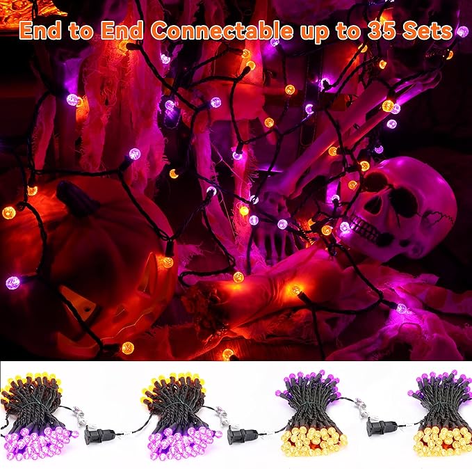 Brizled Purple Orange Halloween Lights, 24.67ft 70 LED G12 Halloween String Lights Outdoor, 120V Plugin Purple Orange Lights Connectable Halloween Light Set for Halloween Tree Outdoor Indoor Decor