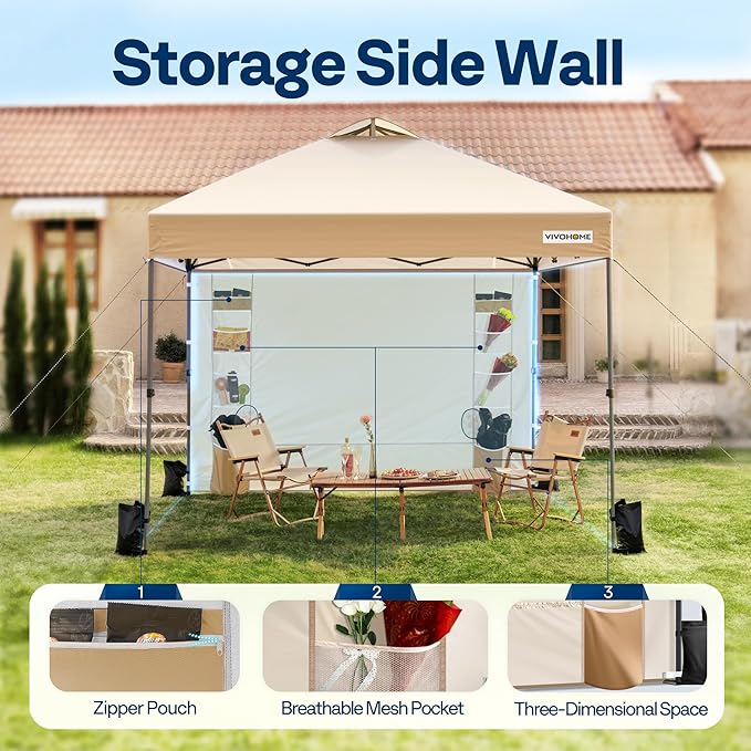 VIVOHOME 10x10ft Pop Up Canopy Tent with Sidewall and 6 Pockets, One Push Setup Outdoor Portable Shelter Tent Heavy Duty with Wheel Carry Bag and 4 Sandbags, Beige