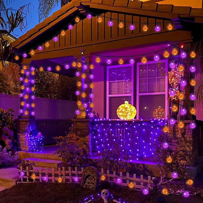 Joomer Orange Purple Halloween Solar Lights - 72FT 100LED Solar String Lights Outdoor, Waterproof Crystal Globe Lights with 8 Modes for Patio, Garden, Halloween Decor