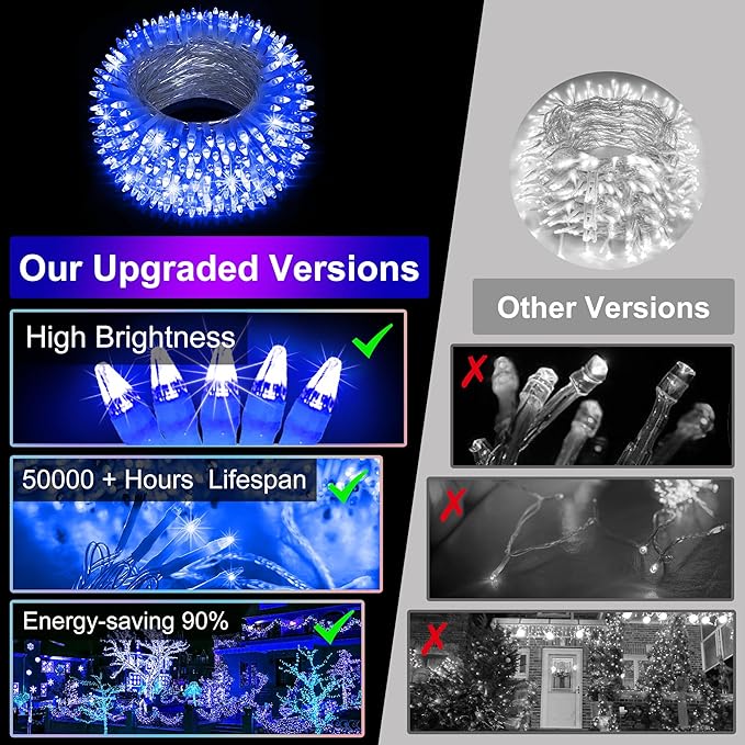 492FT Christmas Lights Outdoor, 1300 LED Extra Long LED String Lights 8 Modes Christmas Tree Lights, with Timer & Momory Function Waterproof Decorations for Xmas Yard Tree Party Home Garden Blue