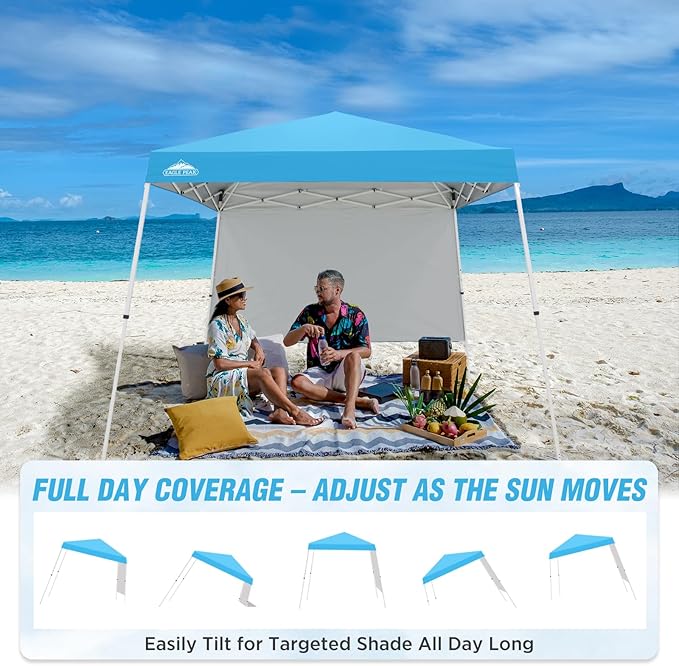 EAGLE PEAK 10x10 Pop Up Canopy Tent with Sidewall, Compact, Portable Slant Leg Instant Sun Shelter for Beach, Sports, & Camping, 10x10 Base 8x8 Top, Light Blue
