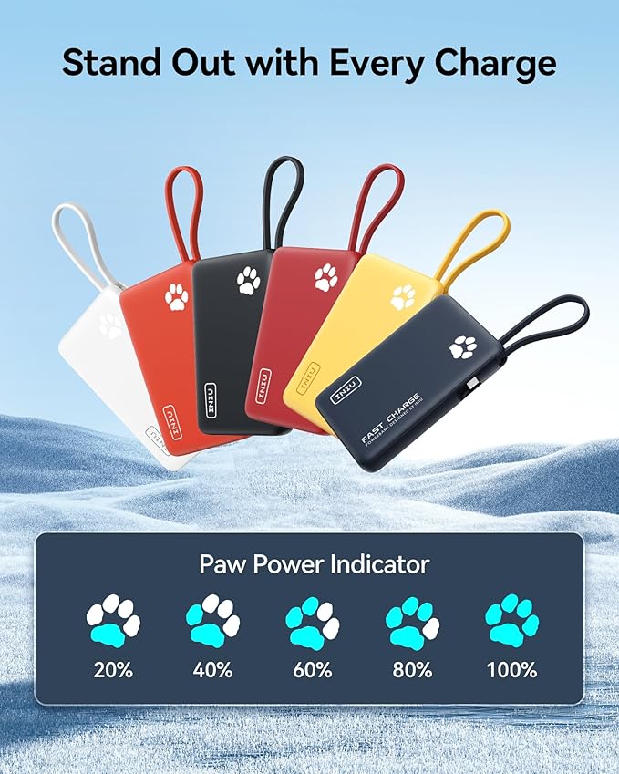 INIU PawGo Portable Charger, 45W PD 10000mAh Fast Charging Slim Power Bank, Built-in USB C Cable Battery Pack, Travel Essentials Powerbank for iPhone 16/15 Pro Max, Samsung S25/S24 etc, Sunset Burst