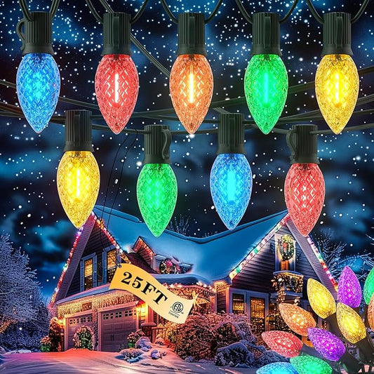 Kawaya Outdoor Christmas C9 LED String Lights - 25ft 25 Bulbs Multi Colored Indoor Decorations, IP65 Commercial Waterproof for Tree, Outside Roof, House, Walkway, Pathway