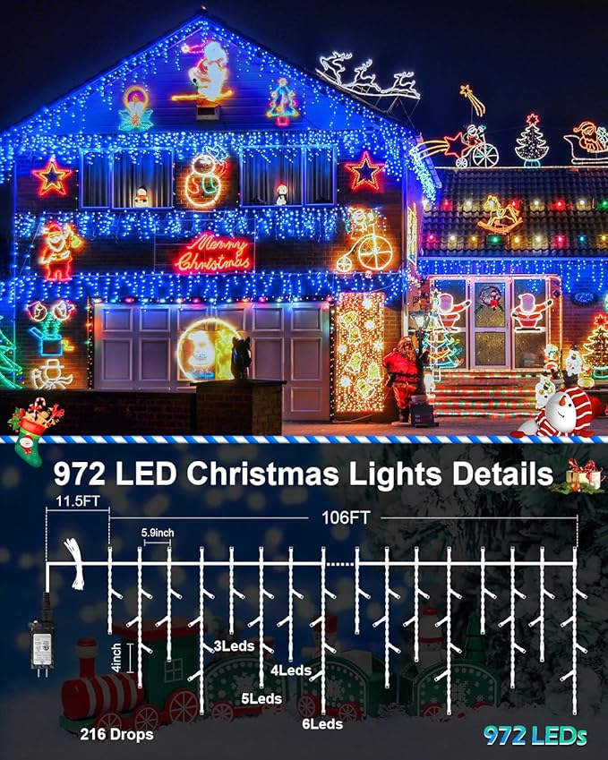 972 LED106 FT Christmas Lights Outdoor, Plug in Waterproof Christmas Lights,Connectable 8 Modes Hanging Fairy Lights for Patio Window Holiday Wedding Party Pathway Indoor Decorations Blue