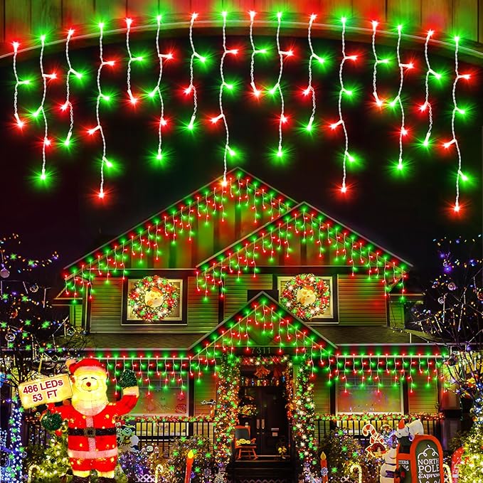 Christmas Lights Outdoor, 53 FT 486 LED Christmas Lights for Outside, Timer & Memory, Plug in 8 Modes Hanging Fairy Light with 108 Drops for House Eaves Yard Patio Decorations, Red Green