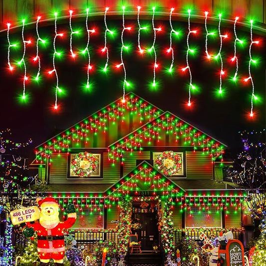 Christmas Lights Outdoor, 53 FT 486 LED Christmas Lights for Outside, Timer & Memory, Plug in 8 Modes Hanging Fairy Light with 108 Drops for House Eaves Yard Patio Decorations, Red Green