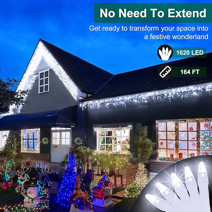 1620 LED Christmas Lights with 360 Drops,164ft 8 Modes Fairy Hanging String Lights with Time Waterproof, Plug-in Hanging String Lights for Holiday Wedding Party Christmas Decor (Cool White)