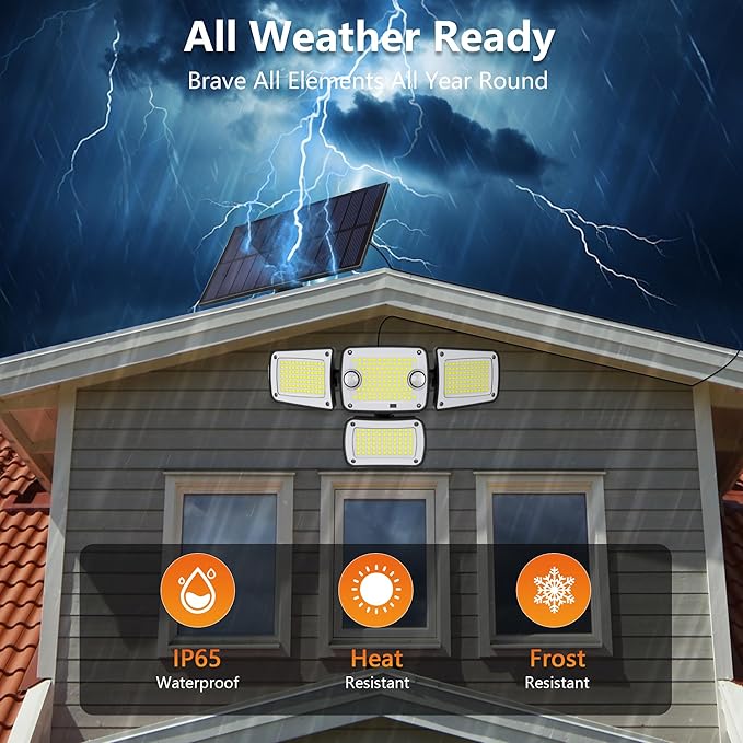 Solar Outdoor Lights, Motion Sensor Security Lights with Remote Control, 3000LM 4 Heads LED Flood Lights, IP65 Waterproof Wall Lights for Patios, Streets, Driveway and Outside Yard
