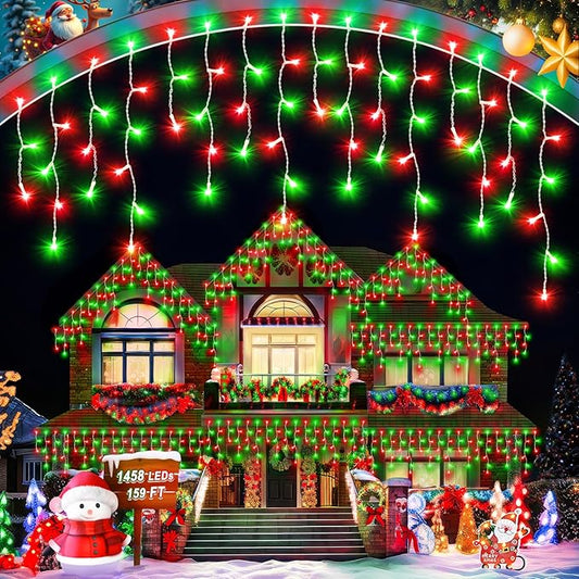 159 FT Christmas Lights Outdoor, 1458 LED Waterproof Outside Christmas Lights Plug in, Timer & Memory, 8 Modes Fairy Lights with 324 Drops for House Eaves Yard Patio Decorations, Red and Green