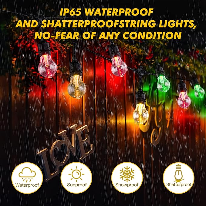 35FT Solar String Lights Outdoor Dimmable RGB Color Changing - Shatterproof LED Bulbs, Waterproof Remote Control Patio Lights for Garden, Yard