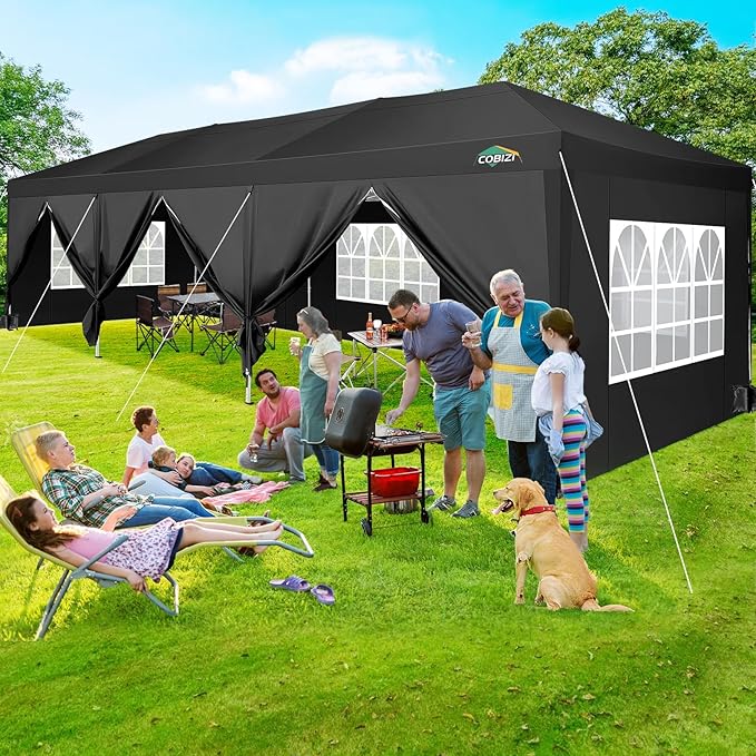 COBIZI 10x30 Pop Up Canopy Tent for Parties with 8 Sidewalls Waterproof Commercial Instant Canopy 10x30 Party Tent for Backyard, Wedding Portable Outdoor Gazebo with Carrybag&4 Sandbags(Black