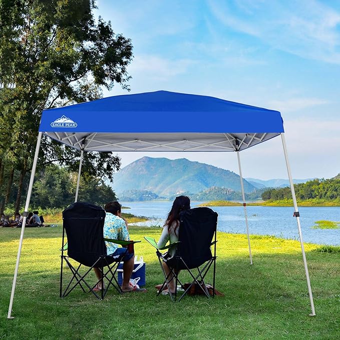 EAGLE PEAK 10x10 Slant Leg Outside Pop Up Canopy, Instant Outdoor Canopy Tent, 8x8 Top 10x10 Base Sun Shelter with Wheeled Carry Bag, Ropes and Stakes, Blue
