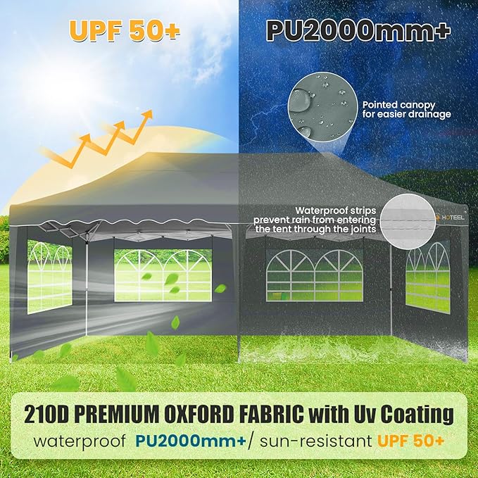 HOTEEL 10x20 Pop up Canopy Tent with 6 Removable Sidewalls, Wave Hem Roof 10x20 Canopy with Wheel Bag and 4 Sandbag, Commercial Pop up Tent Waterproof Sunshade for Wedding Party Stall(Gray)