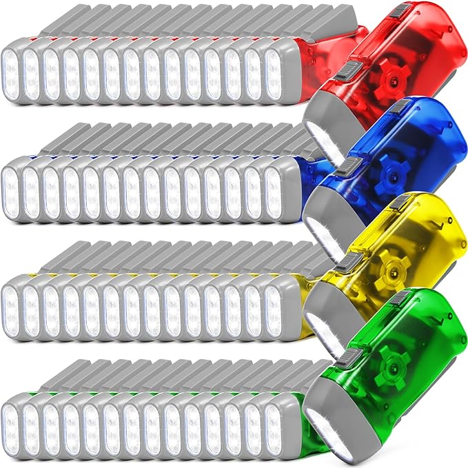 Treela 60 Pack Hand Crank Flashlight Operation Christmas Items Bulk Squeeze Flashlight No Battery Required Torchlight 3 LED Self Powered Charging(Yellow, Green, Blue, Red)