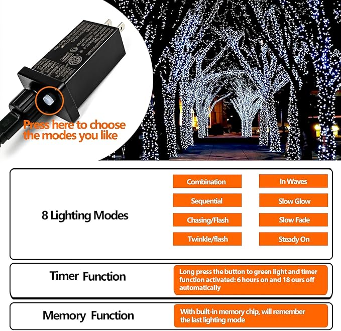 Upgraded 99FT 300 LED Christmas Lights Outdoor & Indoor, Memory Function & Timer & 8 Modes, Mini Green Wire Waterproof Fairy Lights for Christmas Tree Holiday Party Garden Decorations (Cool White)