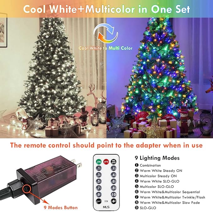 75.8 FT 200 LED Color Changing Christmas String Lights with Remote & Timer & Memory Function, 9 Lighting Modes Waterproof Twinkle Lights for Xmas Tree Holiday Party Garden (Cool White & Multicolor)