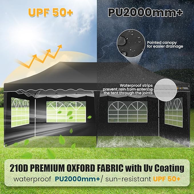 HOTEEL 10x20 Pop up Canopy Tent with 6 Removable Sidewalls, Wave Hem Roof 10x20 Canopy with Wheel Bag and 4 Sandbag, Commercial Pop up Tent Waterproof Sunshade for Wedding Party Stall(Black)