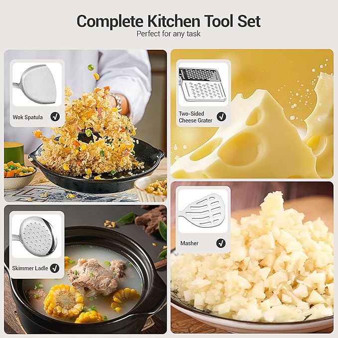 10PCS Cooking Utensils Set, Stainless Steel Utensils Set Non Slip Handle Heat Resistant Kitchen Cooking Tools Durable Metal Utensil Spatula, Spoon, Whisk, Ladle, Pasta Fork
