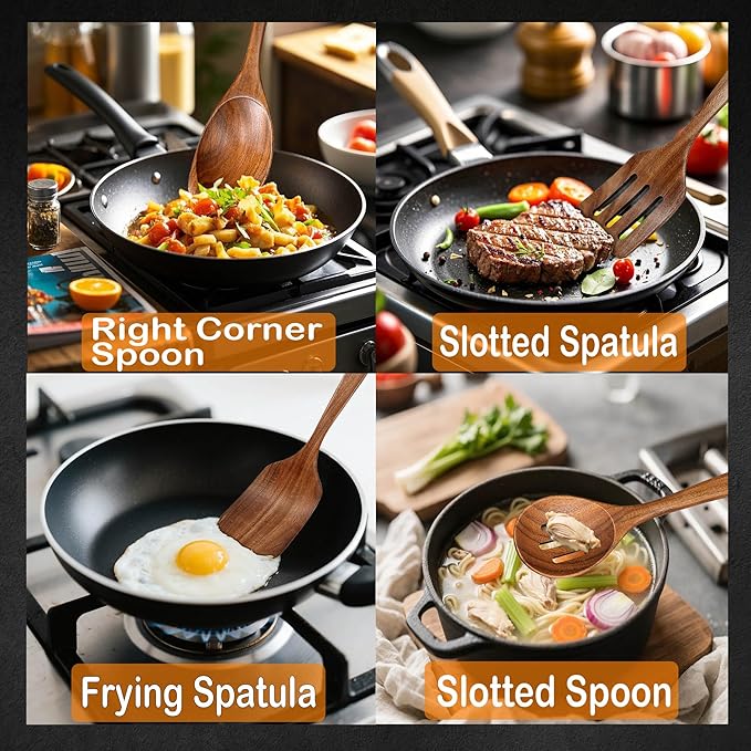 Wooden Spoons for Cooking, Natural Premium 6 Piece Teak Wooden Cooking Utensils Set, Large Heat Resistant Wooden Spoons and Wooden Spatulas for Nonstick Cookware Cooking Gifts