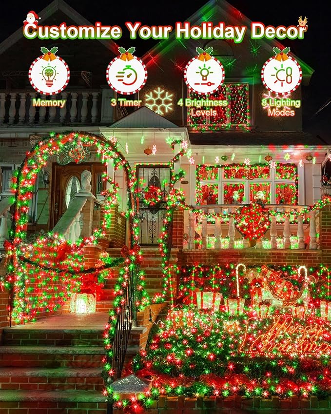 355FT 900 LED Christmas Lights, Extra Long Outdoor String Lights Waterproof, Timer & Memory, 8 Modes Dimmable Plug in Fairy Light for Outside Tree Patry Holiday Indoor Xmas Decorations, Red and Green