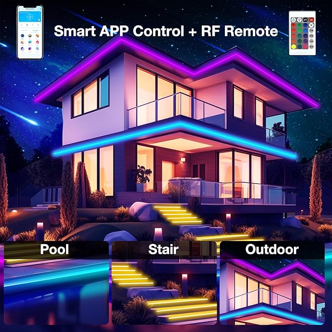 DAYBETTER Outdoor LED Strip Lights, IP67 Waterproof LED Lights with Remote, APP Control, Color Changing LED Rope Lights for Bedroom, Bathroom, Roof, Balcony, Pool, 24V, 100ft