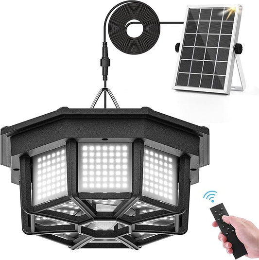 Solar Shed Light Indoor Outdoor 1200LM Solar Pendant Daywork Light 288LED 8-Faces Lighting Motion Sensor with 5 Lighting Modes & Remote Control for Gazebo Garage Patio Barn Home