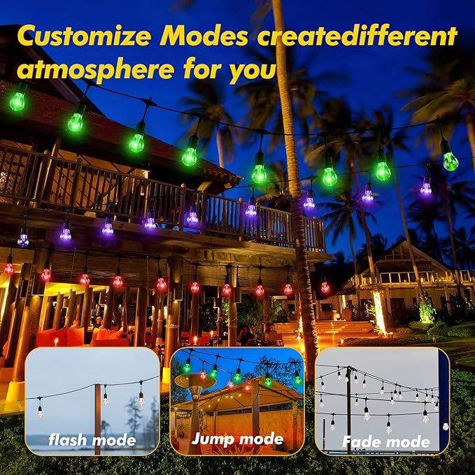 35FT Solar String Lights Outdoor Dimmable RGB Color Changing - Shatterproof LED Bulbs, Waterproof Remote Control Patio Lights for Garden, Yard