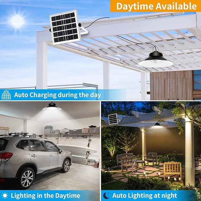 Aqonsie Solar Shed Light Indoor Outdoor Solar Pendant Daytime Work Lights with 3 Colors Temperature & 5 Lighting Modes+2 Timers, 1200LM Solar Motion Indoor Lights with Remote for Shed Gazebo Barn