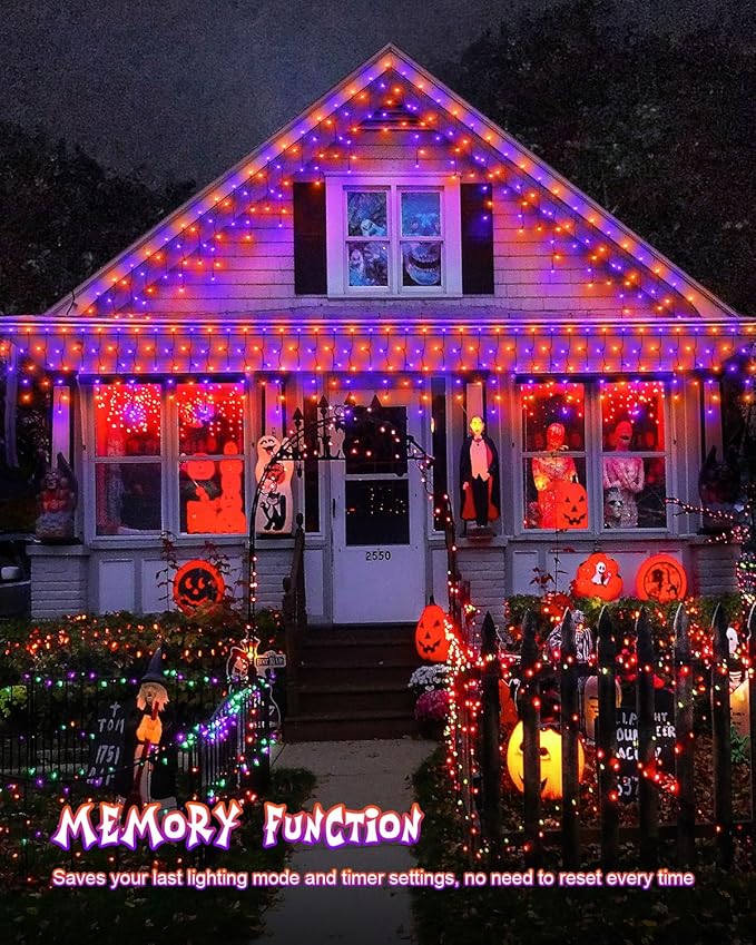Outdoor Halloween Lights, Waterproof 53FT 486 LED Hanging String Lights with 108 Drops, 8 Modes Timer, Connectable Plug-in Outside Lights for Party Eaves Yard Decorations, Purple and Orange