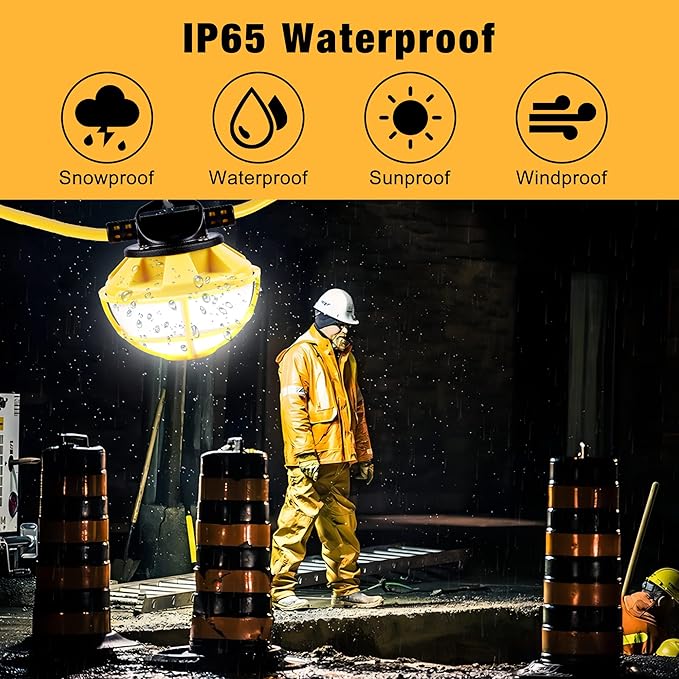 100FT Construction String Lights with Cage, IP65 Waterproof LED String Work Lights, 5000K Daylight 18AWG Wire Linkable Temporary Construction Lighting for Jobsite with 10 Bulbs & Hooks