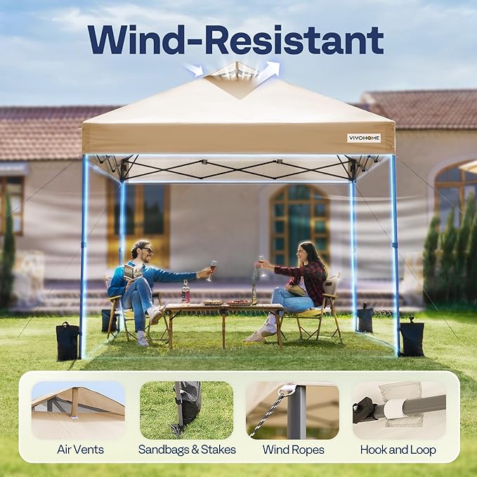 VIVOHOME 10x10ft Pop Up Canopy Tent One Push Setup Outdoor Portable Shelter Tent Heavy Duty with Wheel Carry Bag and 4 Sandbags, Beige
