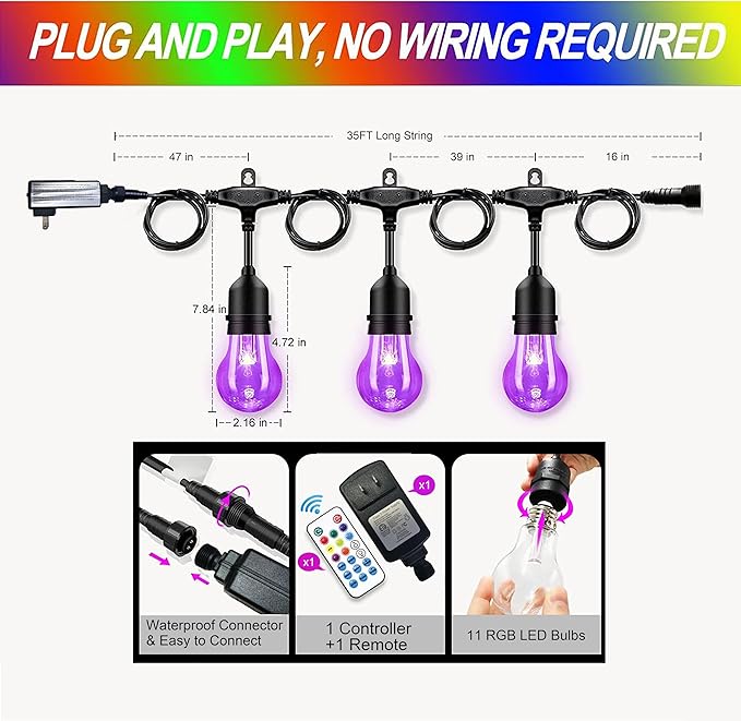 Outdoor Patio Lights Color Changing, 35FT RGB LED String Lights with 16 E26 Shatterproof Edison Bulbs, Dimmable Patio String Lights for Bistro Backyard Garden, 1 Remote Controllers