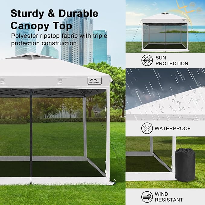KAMPKEEPER 10x10 Pop Up Canopy with Mosquito Netting,Instant Outdoor Screen Tent Sun Shade for Events Patio Camping Picnic,Gazebo with 4 Sandbags,1 Wheeled Bag(White)