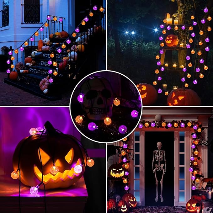 Joomer Orange Purple Halloween Solar Lights - 72FT 100LED Solar String Lights Outdoor, Waterproof Crystal Globe Lights with 8 Modes for Patio, Garden, Halloween Decor