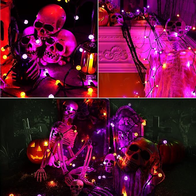 Brizled Purple Orange Halloween Lights, 24.67ft 70 LED G12 Halloween String Lights Outdoor, 120V Plugin Purple Orange Lights Connectable Halloween Light Set for Halloween Tree Outdoor Indoor Decor
