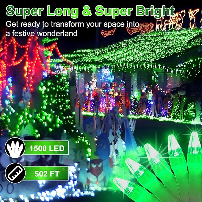 1500 LED 502FT Christmas String Lights Outdoor, Christmas Light with 8 Lighting Modes& Timer & Memory, Plug in Outdoor Waterproof Clear Wire Twinkle Light for for Xmas Yard Tree Party Decor Green