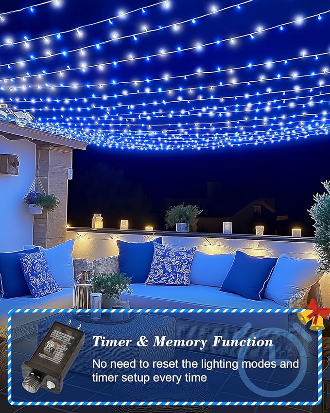 355FT 900 LED Christmas Lights, Extra Long Outdoor String Lights Waterproof, Timer & Memory, 8 Modes Dimmable Plug in Fairy Lights for Outside Tree Wedding Patry Holiday Decorations, Blue and White