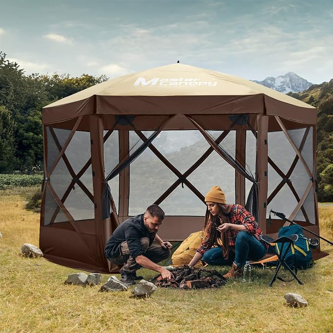 MASTERCANOPY 12x12FT Pop Up Gazebo Screen Tent - Instant Screen House with Netting, Quick Set, Outdoor Canopy Shelter with Carry Bag for Camping, Backyard & Patio (Beige&Coffee)