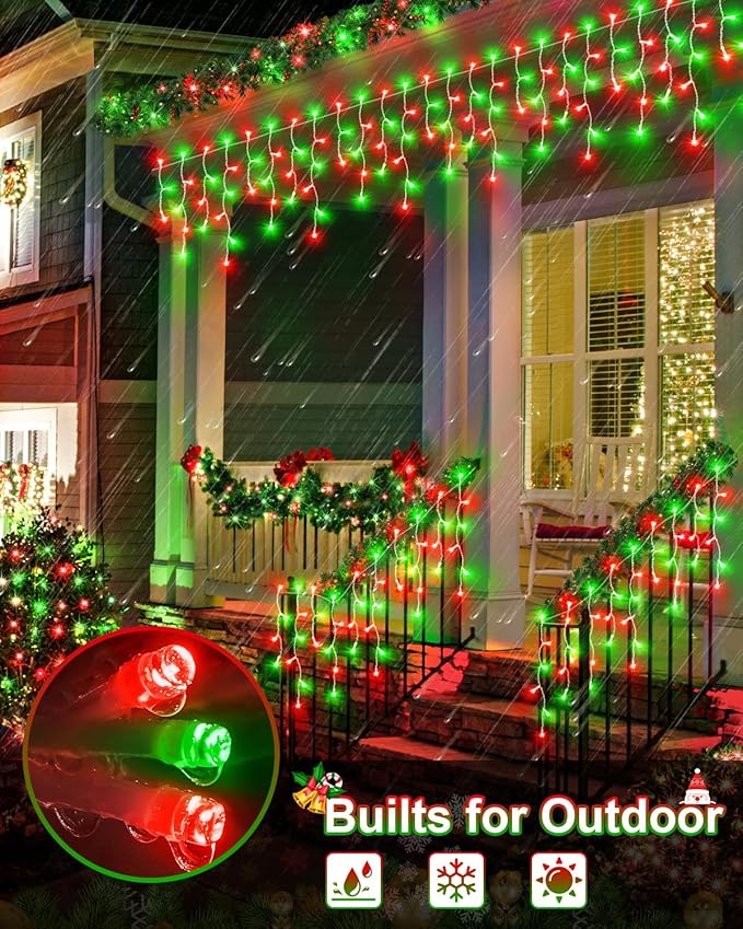 106 FT Christmas Lights Outdoor, 972 LED Waterproof Outside Christmas Lights Plug in, Connectable 8 Modes Hanging Fairy Lights with 216 Drops for House Eaves Yard Patio Decoration, Red and Green