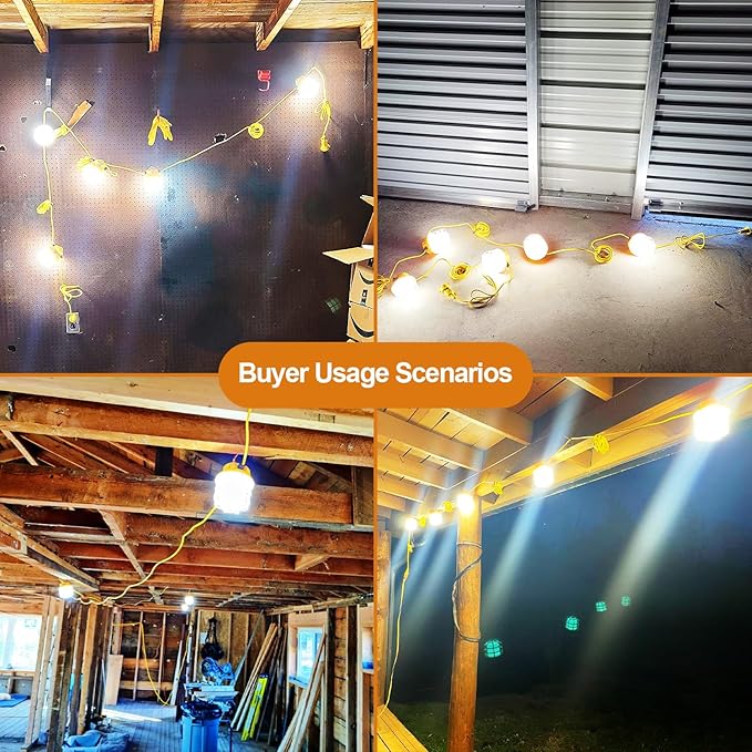 50ft LED Construction String Lights, 75W 7500LM Industrial Grade Super Bright String Work Lights for Construction Sites, Temporary Work, Renovation, Jobsite, and all outdoor lighting(50ft-5lights)