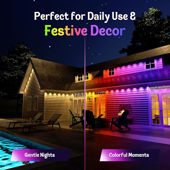 HUTAKUZE Permanent Outdoor Lights, 150FT RGB Smart Eaves Lights, IP67 Waterproof LED Outdoor Strip for House, Music Sync, APP/Remote Control, 16 Million Colors