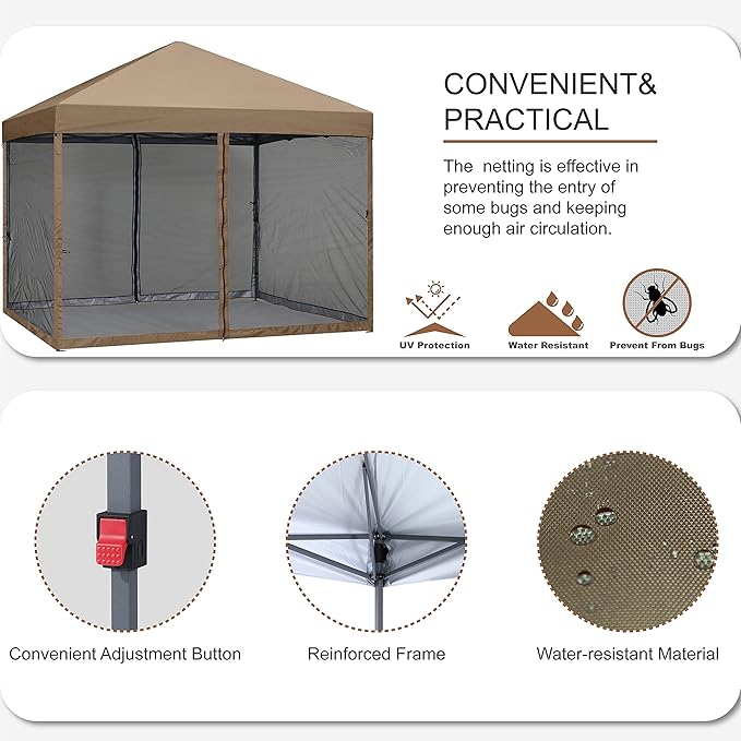 MASTERCANOPY Pop-Up Setup Outdoor Canopy with Netting Screen Walls(8x8, Khaki)