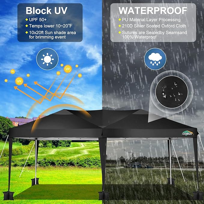 COBIZI 10x20 Pop Up Canopy Tent One Push Setup UV Protection 50+ Waterproof Party Tents for Parties Wedding Outdoor Commercial Event Gazebo Portable Instant Tent for Backyard Camping Carport,Black