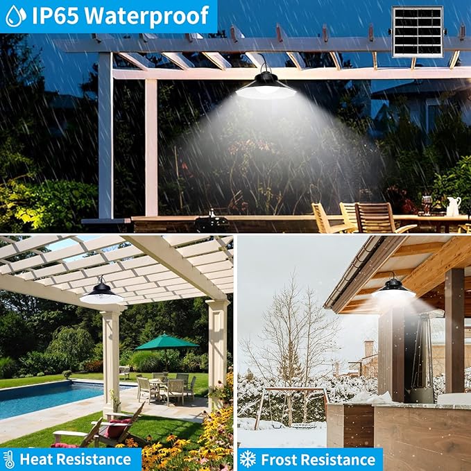 Aqonsie Solar Shed Light Indoor Outdoor Solar Pendant Daytime Work Lights with 3 Colors Temperature & 5 Lighting Modes+2 Timers, 1200LM Solar Motion Indoor Lights with Remote for Shed Gazebo Barn