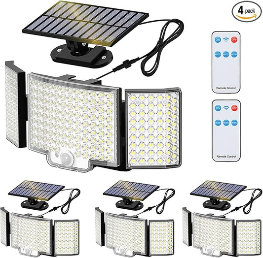 Adiding Solar Lights Outdoor, Bright 212 LEDs Flood Light 270° Wide Angle, Remote Control 3 Modes Motion Sensor Outdoor Lights, Solar Powered Security Light with 16.4 ft Cable for Garage Yard, 4 Pack