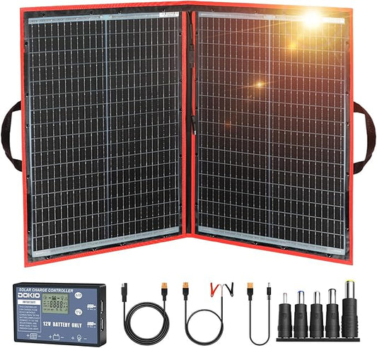 DOKIO 100W Portable Foldable Solar Panel Kit (21x28in, 5.9lb), with Separate Controller and Dual USB, Monocrystalline Charger for 12V Batteries & Power Stations, RV Camping Trailer Emergency Backup